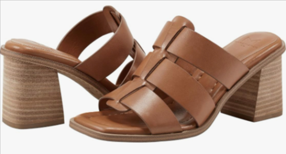 Marc Fisher LTD Louisa Leather Block Heel Sandal Mules Brown Women Size 8.5